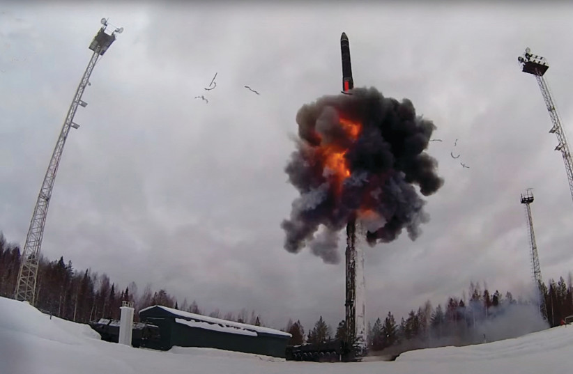  A RUSSIAN Yars intercontinental ballistic missile is launched during exercises by nuclear forces in an unknown Russian location, in this still from video released February 19. (photo credit: RUSSIAN DEFENSE MINISTRY/HANDOUT VIA REUTERS)