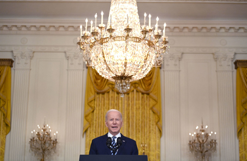  US President Joe Biden addresses the Russian invasion of Ukraine, from the East Room of the White House on February 24, 2022. (photo credit: BRENDAN SMIALOWSKI/AFP via Getty Images)