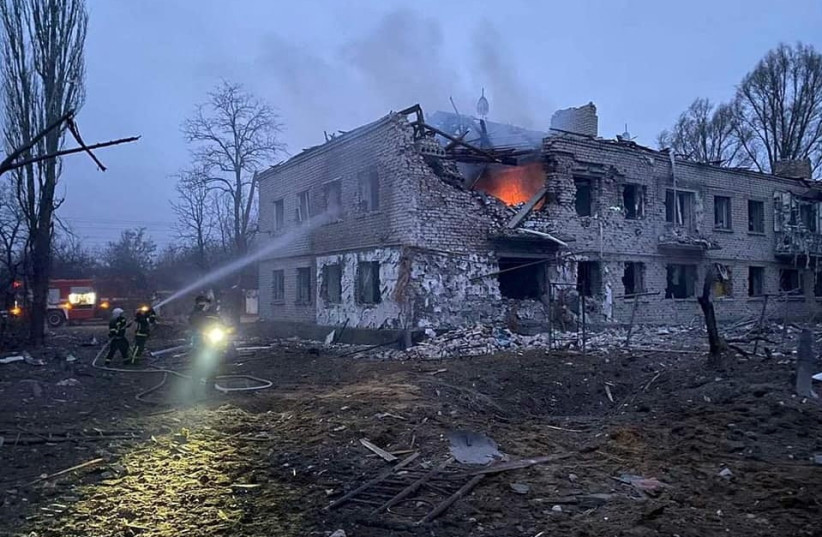  A view shows a destroyed building after shelling in the town of Starobilsk in the Luhansk region, Ukraine, in this handout picture released February 25, 2022. (credit: Press service of the Ukrainian State Emergency Service/Handout via REUTERS)