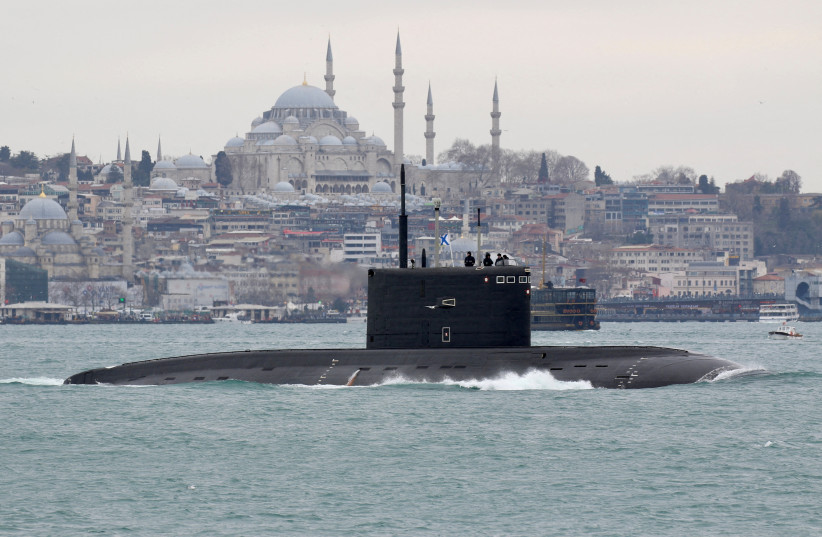   Russian Navy's diesel-electric submarine Rostov-on-Don sails in the Bosphorus, on its way to the Black Sea, in Istanbul, Turkey February 13, 2022.  (photo credit: REUTERS/YORUK ISIK)