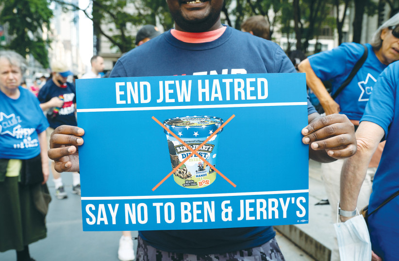  PRO-ISRAEL demonstrators protest against Ben and Jerry’s over its boycott of West Bank Israeli settlements and against antisemitism, in New York City in August. (photo credit: Luke Tress/Flash90)
