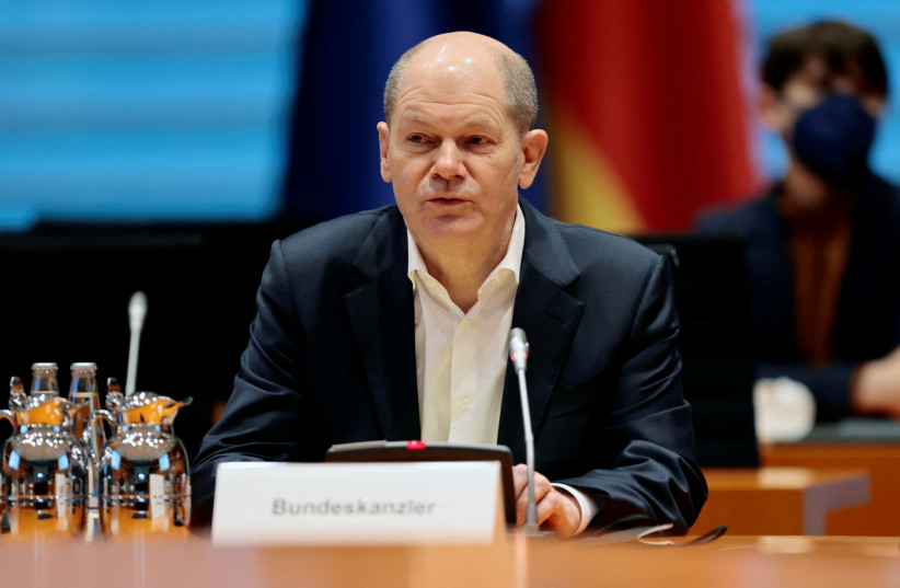  German Chancellor Olaf Scholz attends a Security Cabinet meeting at the Chancellery in Berlin, Germany, February 28, 2022. (credit: HANNIBAL HANSCHKE/REUTERS)