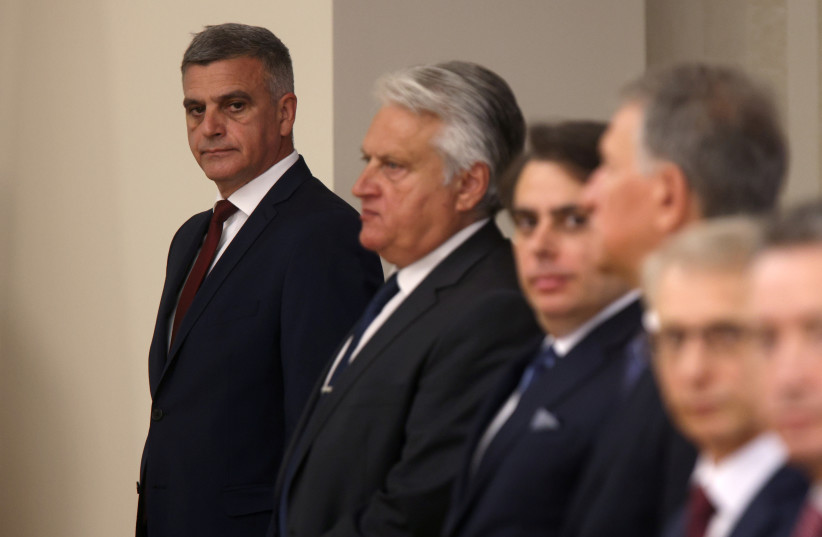 Then-caretaker Prime Minister Stefan Yanev looks on during an official ceremony in Sofia, Bulgaria, May 12, 2021 (photo credit: REUTERS/STOYAN NENOV)