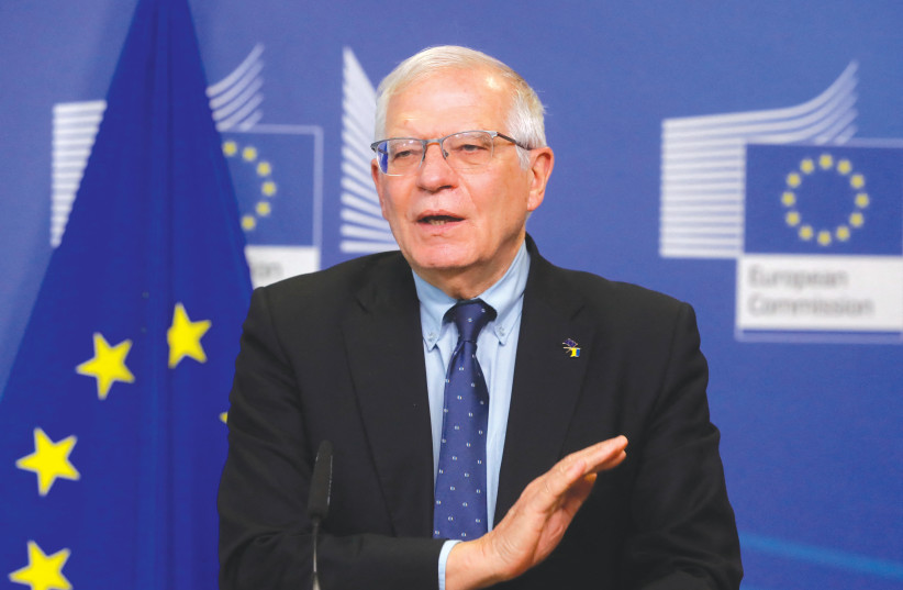 Josep Borrell speaks at a news conference on the Russian military operation against Ukraine, at EU headquarters in Brussels on Sunday (photo credit: STEPHANIE LECOCQ/REUTERS)