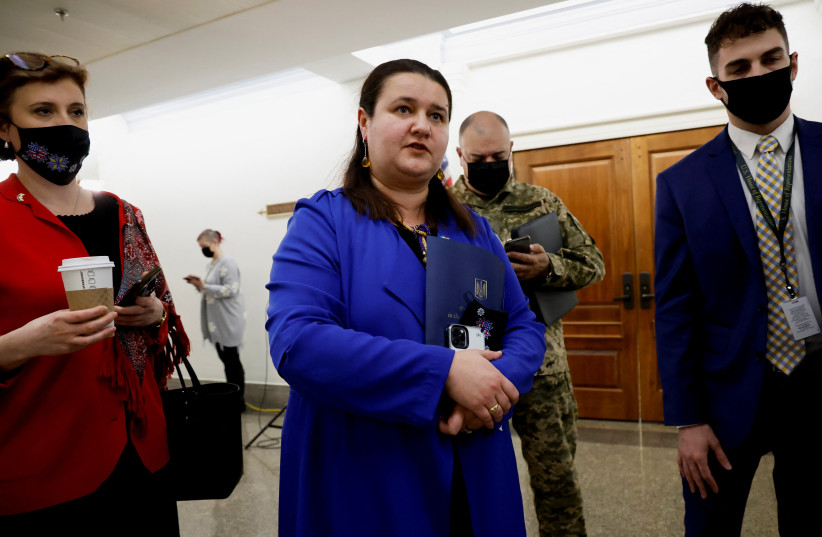 Ukraine's ambassador to the United States Oksana Markarova walks between meetings with members of the U.S. Congress on Capitol Hill in Washington, US. February 28, 2022. (credit: REUTERS/JONATHAN ERNST)