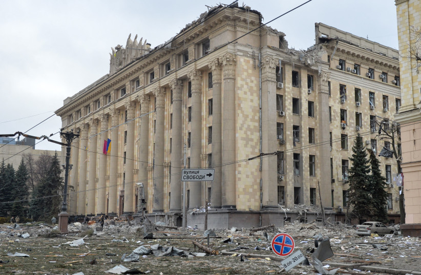  This general view shows the damaged local city hall of Kharkiv on March 1, 2022, destroyed as a result of Russian troop shelling. (credit: SERGEY BOBOK/AFP via Getty Images)
