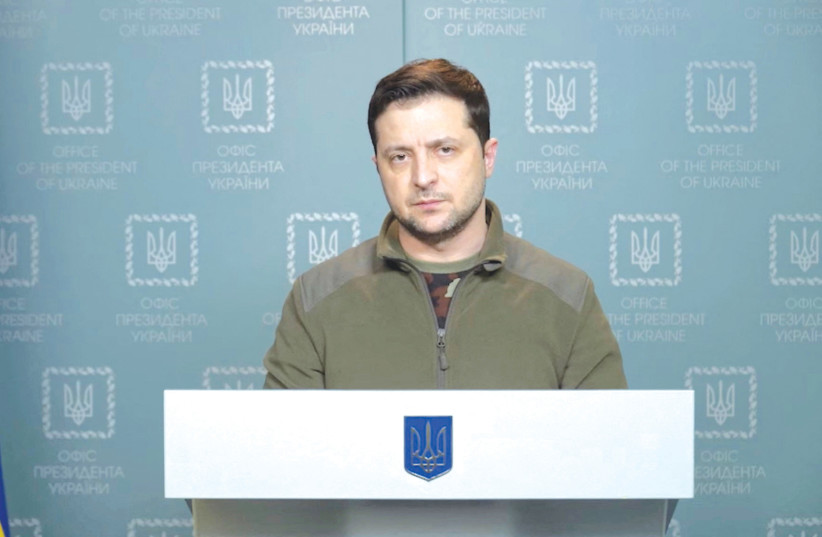  UKRAINIAN PRESIDENT Volodymyr Zelensky makes a statement in Kyiv on Monday.  (credit: UKRAINIAN PRESIDENTIAL PRESS SERVICE/REUTERS)