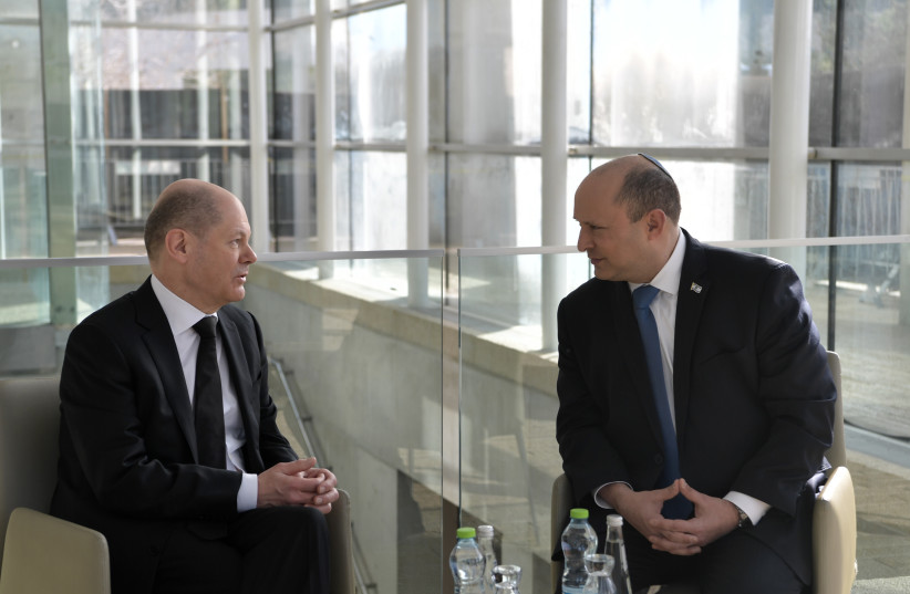 German Chancellor Olaf Scholz with Israeli Prime Minister Naftali Bennett on 2/3/2022. (credit: KOBI GIDON / GPO)