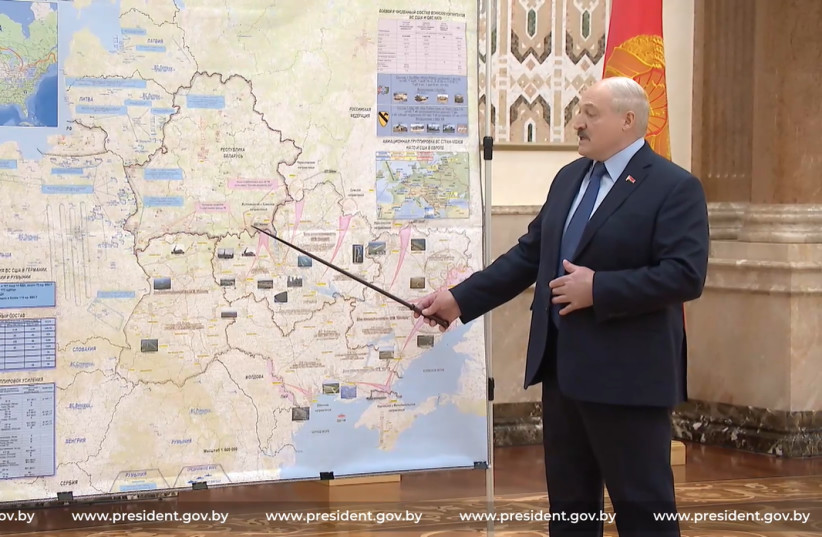 Belarusian President Alexander Lukashenko gestures at a map which seems to represent the Russian invasion of Ukraine at a meeting of the Belarusian Security Council (credit: Screenshot/Video from Press Service of the President of the Republic of Belarus)
