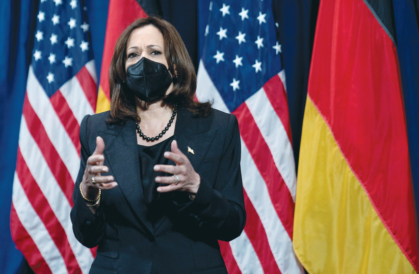  US VICE President Kamala Harris speaks to members of the media after attending the Munich Security Conference last month. (credit: Andrew Harnik/Reuters)
