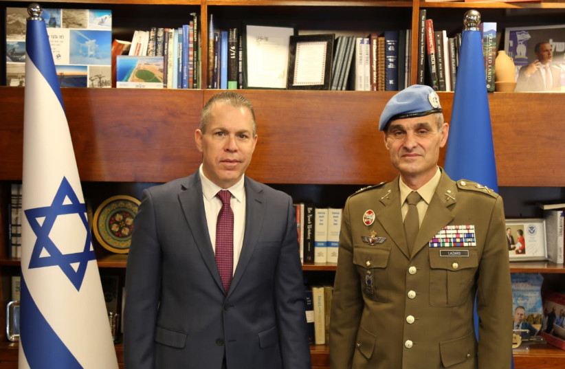  Israeli Ambassador to the UN Gilad Erdan meeting with new UNIFIL head Major General Lázaro Sáenz, March 3, 2022.  (credit: COURTESY OF THE ISRAELI MISSION AT UN)