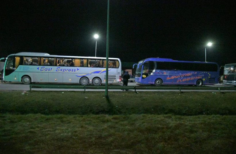 Buses carrying 150 Jews from Lviv in Ukraine, March 3, 2022.  (credit: SHLOMI AMSALEM)