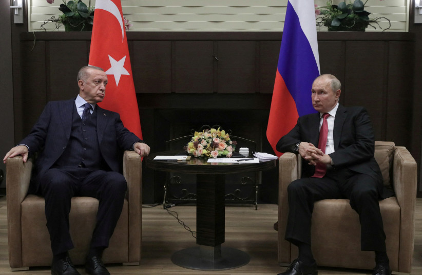  Russian president Vladimir Putin attends a meeting with Turkish President Tayyip Erdogan in Sochi, Russia September 29, 2021 (photo credit: VIA REUTERS)