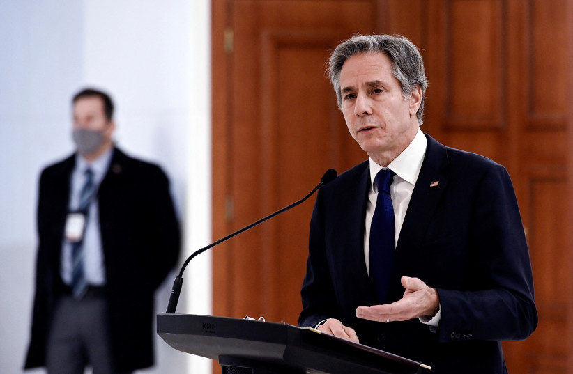  U.S. Secretary of State Antony Blinken speaks during a news conference with Moldovan President Maia Sandu (not pictured) at the Presidential Palace in Chisinau, Moldova March 6, 2022. (photo credit: OLIVIER DOULIERY/POOL VIA REUTERS)