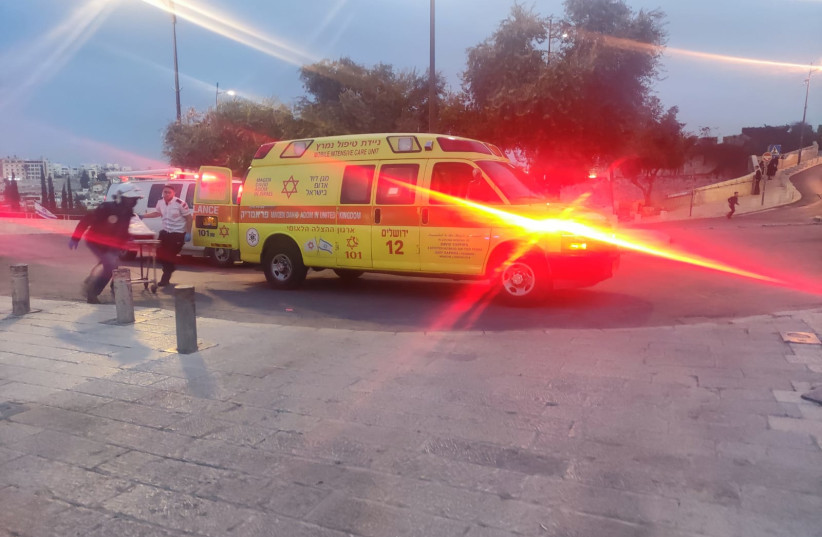  An ambulance arrives at the scene of a stabbing attack in Jerusalem's Old City on March 7, 2021. (photo credit: MDA OPERATIONAL COVERAGE)