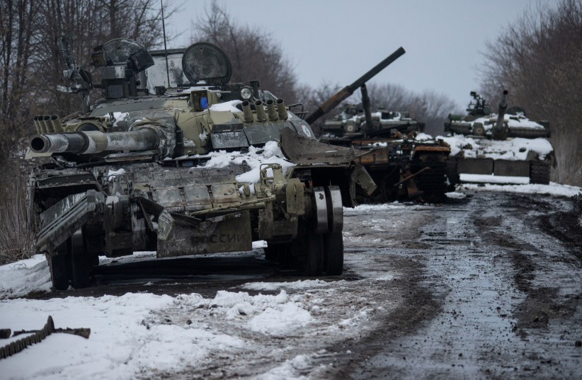  Destroyed Russian tanks are seen, amid Russia's invasion of Ukraine, in the Sumy region, Ukraine, March 7, 2022. (credit: Irina Rybakova/Press service of the Ukrainian Ground Forces/Handout via REUTERS)