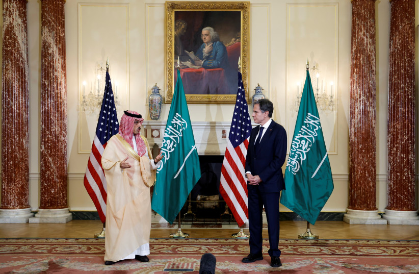 US Secretary of State Antony Blinken and Saudi Arabia's Foreign Minister Faisal bin Farhan Al-Saud deliver remarks to reporters before meeting at the State Department in Washington, US, October 14, 2021 (photo credit: REUTERS/JONATHAN ERNST)