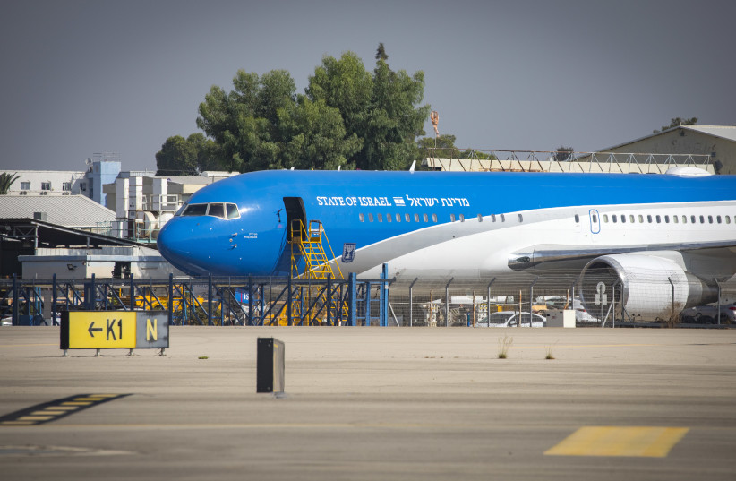  The official airplane of the Prime Minister Wing of Zion is seen parked at the Ben Gurion Airport on October 20, 2020 (photo credit: OLIVIER FITOUSSI/FLASH90)