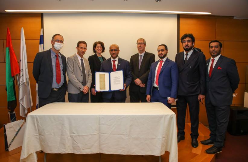  Wednesday's meeting between the directors of Israel's National Library and the UAE's National Archives in Jerusalem, Israel. (photo credit: NATIONAL LIBRARY OF ISRAEL)