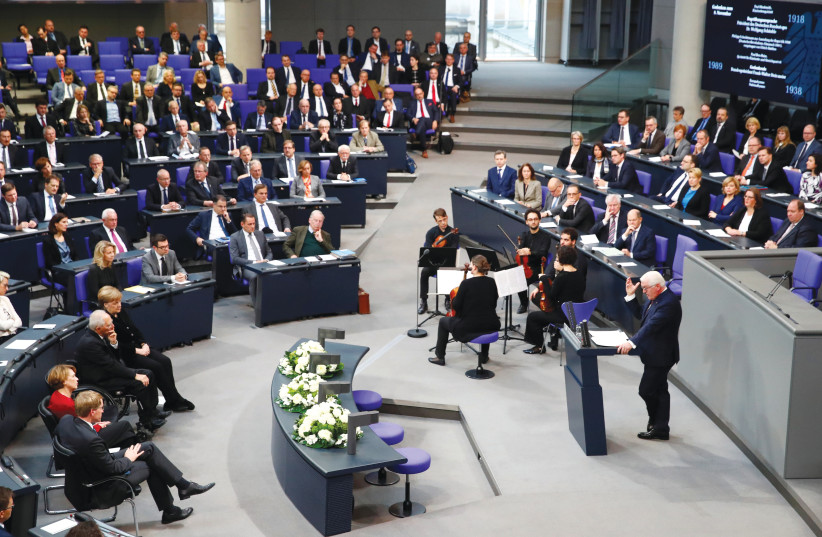  GERMAN PRESIDENT Frank-Walter Steinmeier speaks in 2018 at Berlin’s Reichstag to mark the 100th anniversary of the Weimar Republic – which Hitler later dismantled on the road to dictatorship.  (credit: AXEL SCHMIDT/REUTERS)