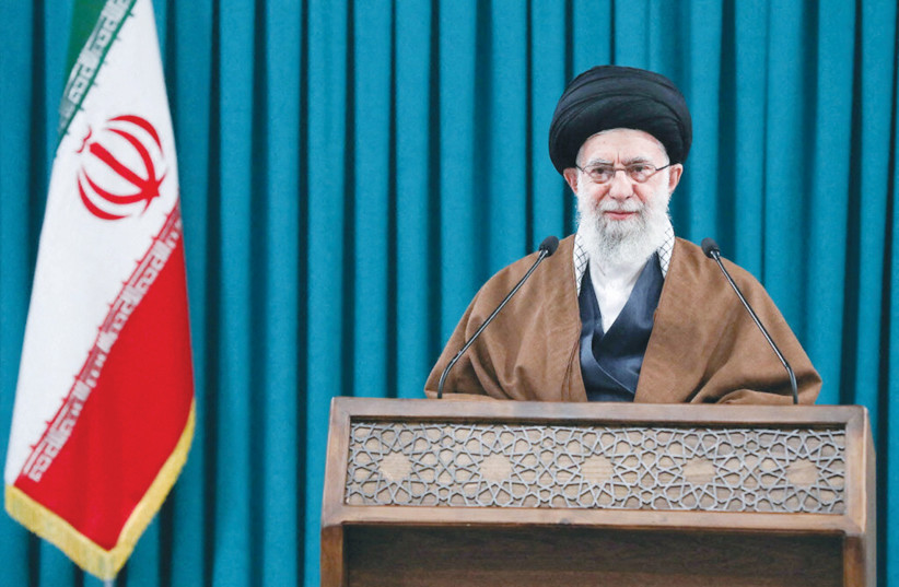 IRAN’S SUPREME LEADER Ayatollah Ali Khamenei delivers a televised speech in Tehran earlier this month.  (photo credit: OFFICIAL KHAMENEI WEBSITE/HANDOUT VIA REUTERS)