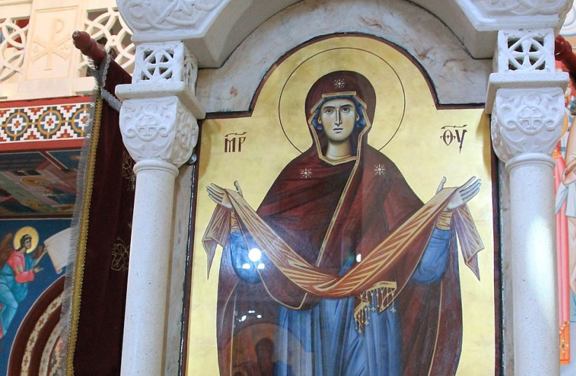 Mary in a pokrova (photo credit: WIKIMEDIA)
