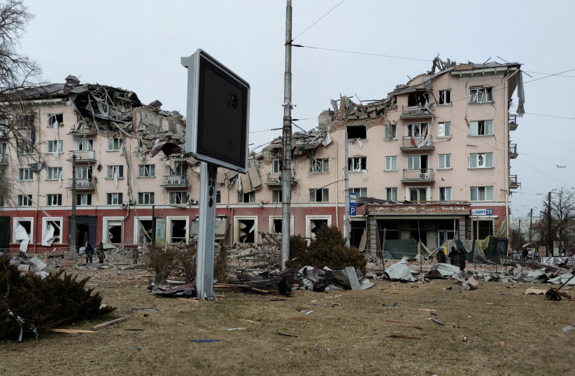 An external view shows hotel ‘Ukraine’ destroyed during an air strike, as Russia's attack on Ukraine continues, in central Chernihiv, Ukraine March 12, 2022.  (credit: REUTERS/OLEH HOLOVATENKO)