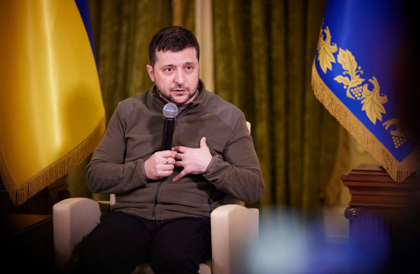  Ukrainian President Volodymyr Zelensky speaks during a news conference for foreign media in Kyiv, Ukraine March 12, 2022. (credit: Ukrainian Presidential Press Service/Handout via REUTERS)