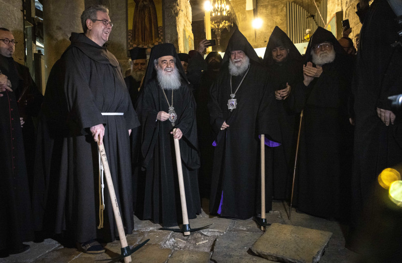  The three Christian Communities attend a ceremony for the beginning of the restoration of the floor of the Basilica of the Holy Sepulchre in Jerusalem on March 14, 2022. (photo credit: OLIVIER FITOUSSI/FLASH90)