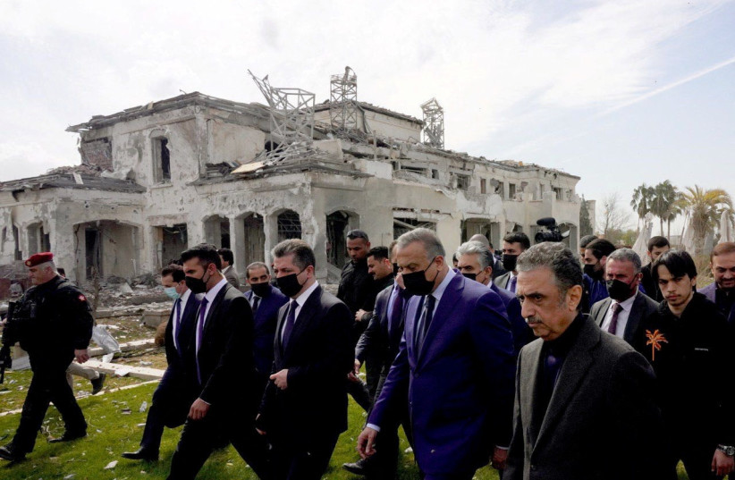  Iraqi Prime Minister Mustafa Al-Kadhimi inspects the site of a damaged building a day after a missile attack, in Erbil (credit: IRAQI PRIME MINISTER MEDIA OFFICE/HANDOUT VIA REUTERS)