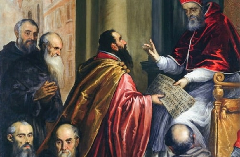  Painting by Palma il Giovane of Paul IV handing down a statute, ca. 1587 (credit: NATIONAL LIBRARY OF ISRAEL)