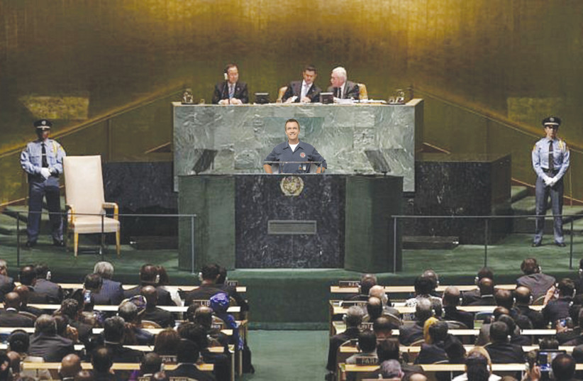  Moti Cohen having a great time addressing the UN General Assembly on Israel’s behalf. (photo credit: RotoReuters)