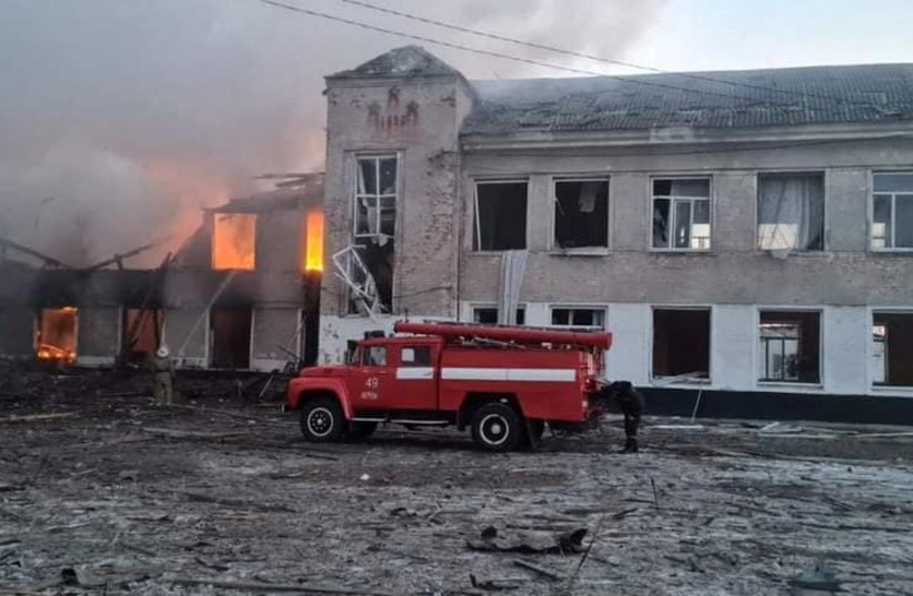  A view shows a school building destroyed by an airstrike, as Russia's invasion of Ukraine continues, in the town of Merefa, in Kharkiv region Ukraine, in this handout picture released March 17, 2022.  (credit: Press service of the State Emergency Service of Ukraine/Handout via REUTERS)