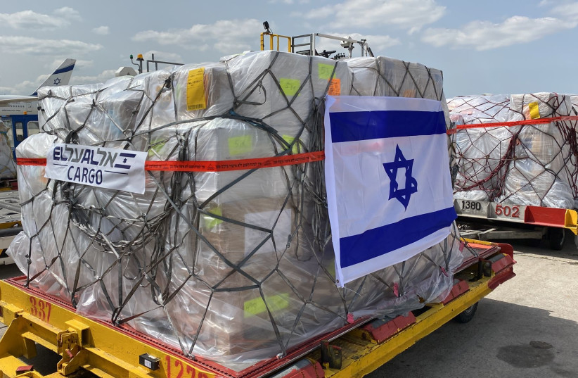  16 tons of medical equipment arrived at Ben-Gurion Airport from Sheba Medical Center at Tel Hashomer designated for the Israeli field hospital in Ukraine, March 17, 2022.  (credit: MINISTRY OF FOREIGN AFFAIRS)