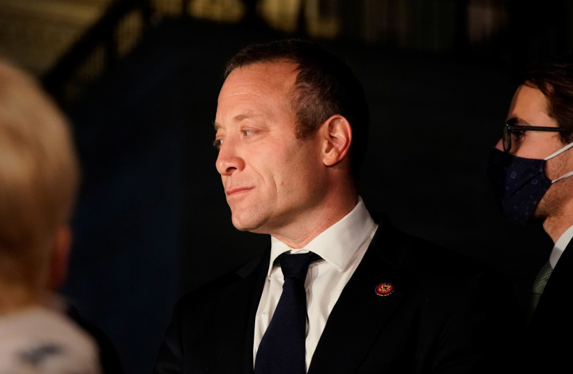 US Representative Josh Gottheimer (D-NJ) pauses while speaking about the bipartisan infrastructure vote in front of US Capitol in Washington, US (photo credit: REUTERS/ELIZABETH FRANTZ)