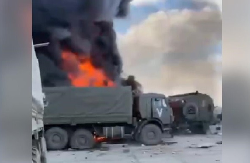 Destroyed Russian truck, Hostomel, Ukraine, Feb. 25. 2022. (credit: OWEN HOLDAWAY)