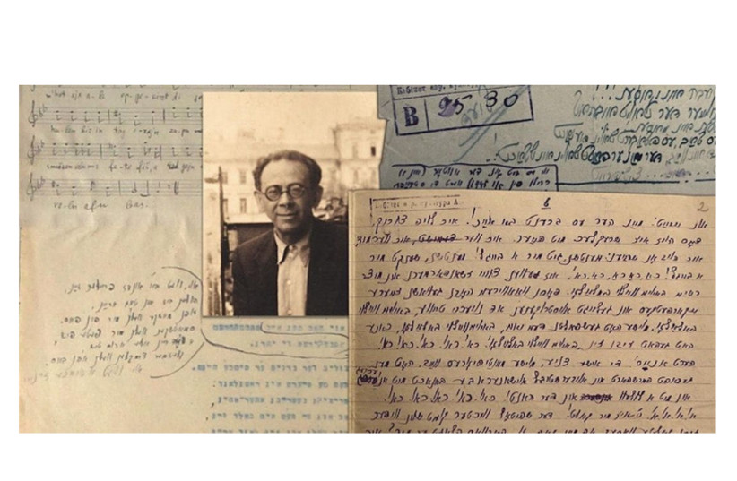  Moyshe Beregovsky is seen with various documents and sheet music collected in his vast archive of Yiddish folk and klezmer songs.  (credit: COURTESY JEWISH MUSIC FORUM)