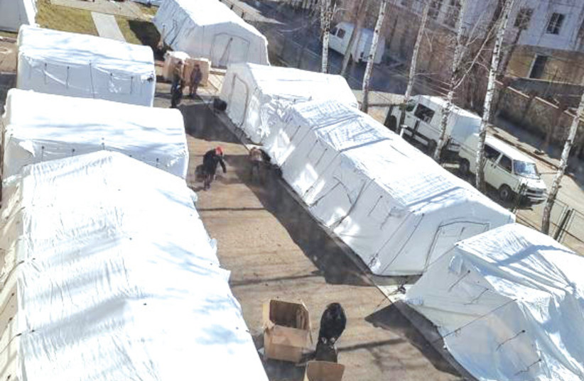  STAFF WORK on setting up the field hospital in Ukraine.  (photo credit: HOSPITAL STAFF/FOREIGN MINISTRY)