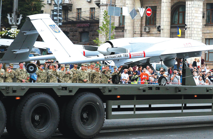  A BAYRAKTAR DRONE is seen during a rehearsal for the Independence Day military parade in central Kyiv, last August.  (photo credit: GLEB GARANICH/REUTERS)