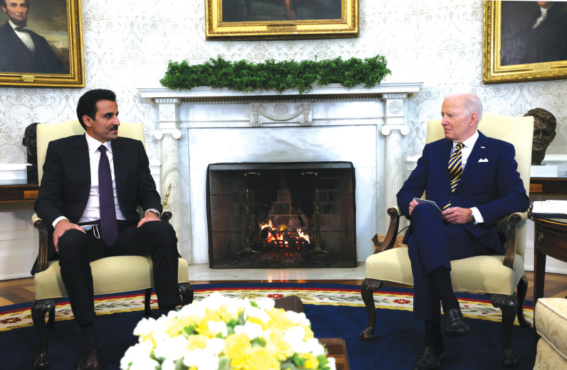  QATAR’S EMIR Sheikh Tamim bin Hamad al-Thani meets with US President Joe Biden at the White House in January. (credit: LEAH MILLIS/REUTERS)
