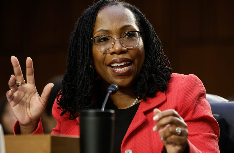  Supreme Court nominee Judge Ketanji Brown Jackson testifies during her confirmation hearing before the Senate Judiciary Committee in the Hart Senate Office Building on Capitol Hill, March 22, 2022.  (photo credit: CHIP SOMODEVILLA/GETTY IMAGES)