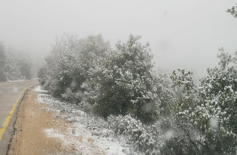  Snow falls at Mount Meron, March 23, 2022 (photo credit: GUY ZOHARONI /NATURE AND PARKS AUTHORITY)