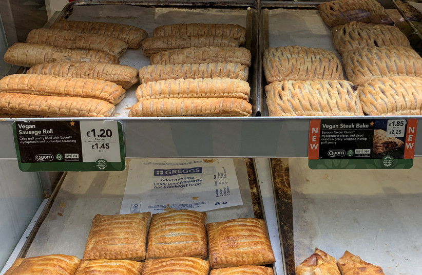  VEGAN SAUSAGE rolls and steak bakes available for sale in a bakery near Manchester, UK.  (photo credit: PHIL NOBLE/REUTERS)