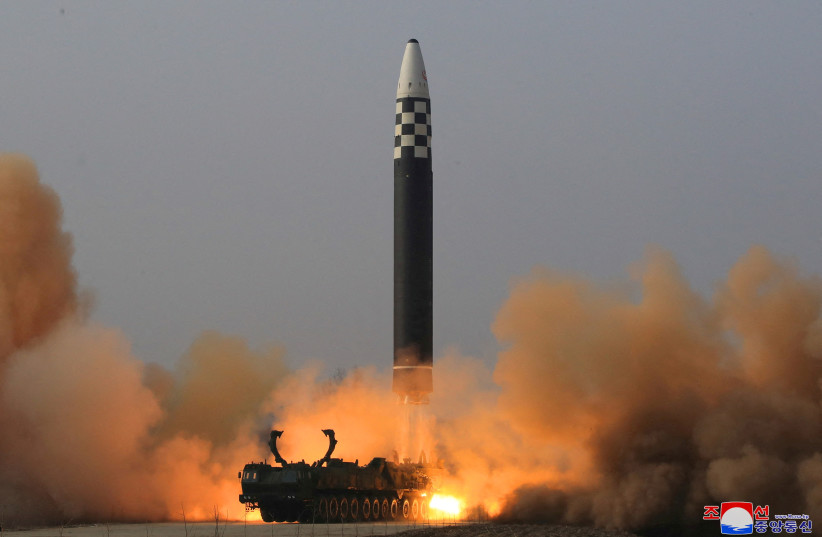  General view during the test firing of what state media report is a North Korean ''new type'' of intercontinental ballistic missile (ICBM) in this undated photo released on March 24, 2022 by North Korea's Korean Central News Agency (KCNA).  (credit: KCNA VIA REUTERS)