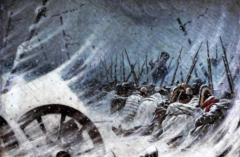  Artistic rendition of Napoleon's Army beset by winter weather during retreat from Russia in 1812. (credit: Wikimedia Commons)