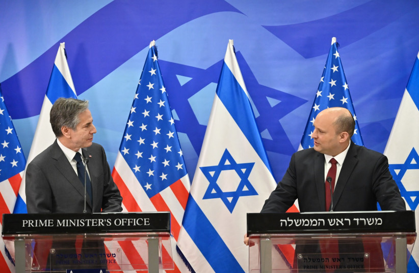  Prime Minister Naftali Bennett and US Secretary of State Antony Blinken at a joint press release, March 27, 2022.  (credit: KOBI GIDEON/GPO)