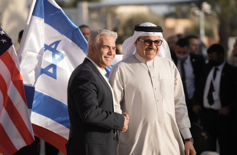  Foreign Minister Yair Lapid welcomes Bahraini foreign minister Abdullatif Al Zayani to Israel (photo credit: BOAZ OPPENHEIM/GPO)