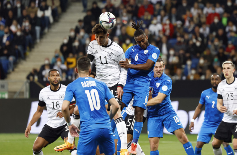  Kai Havertz heads in Germany’s first goal off a corner kick late in the first half of its 2-0 home victory over Israel in Saturday’s international friendly in Sinsheim. (photo credit: Heiko Becker/Reuters)
