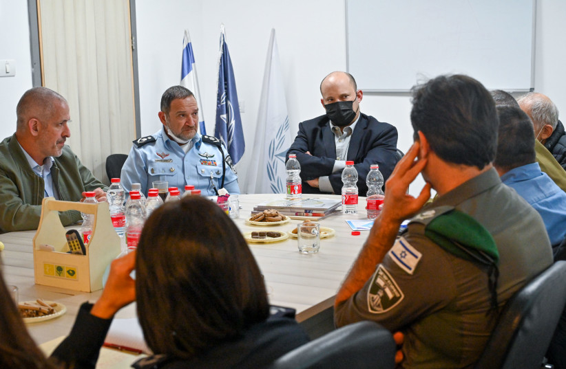 Prime Minister Naftali Bennett at the Hadera police station after the attack. (photo credit: KOBI GIDEON/GPO)