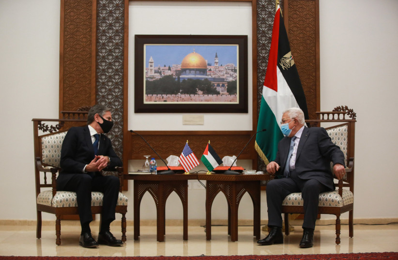 U.S. Secretary of State Antony Blinken meets with Palestinian president Mahmoud Abbas, in the West Bank city of Ramallah, on May 25, 2021 (photo credit: FLASH90)